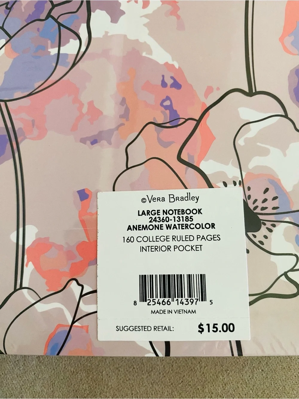 Vera Bradley Large Spiral Notebook NWT Anemone Watercolor. 160 pages